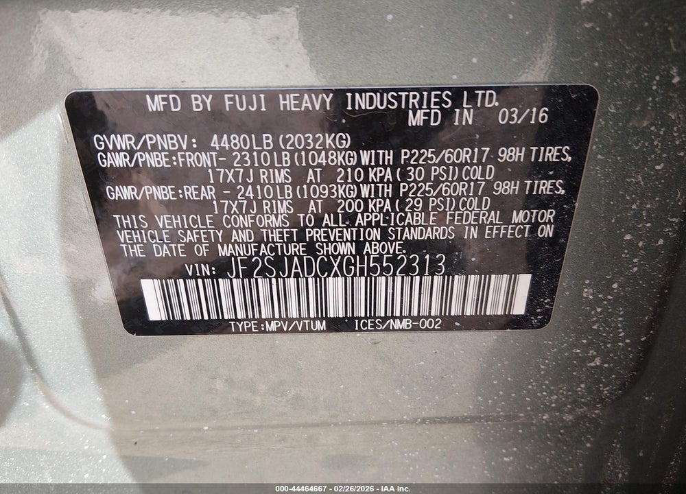 2016 SUBARU FORESTER 2.5I PREMIUM VIN: JF2SJADCXGH552313