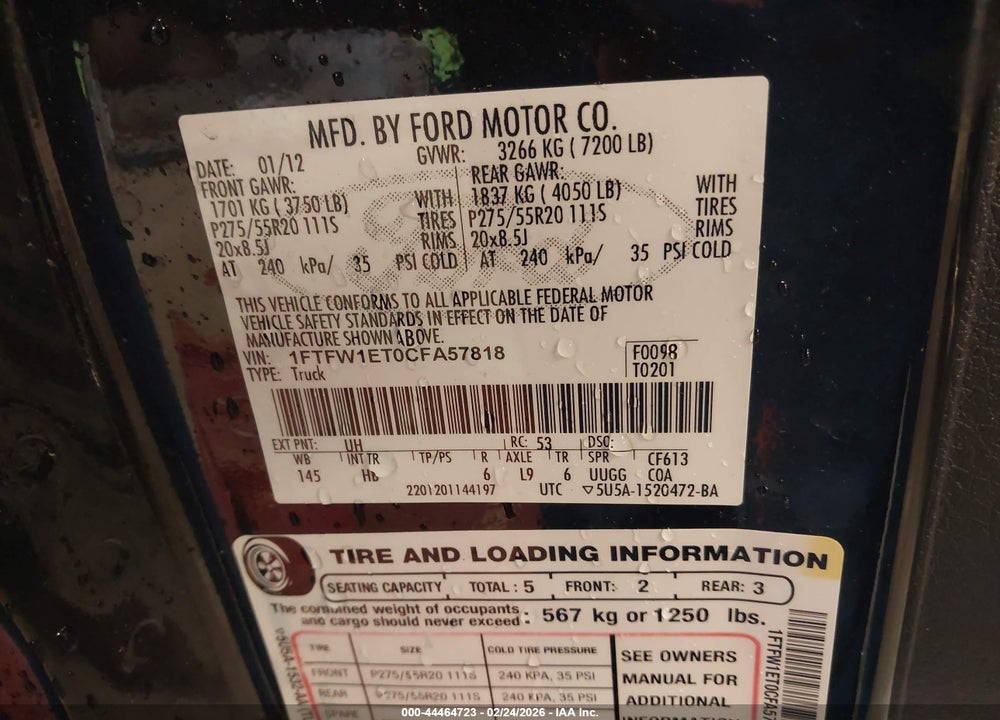 2012 FORD F-150 LARIAT VIN: 1FTFW1ET0CFA57818