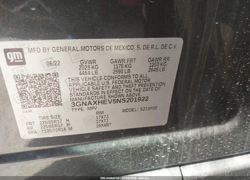 2022 CHEVROLET EQUINOX FWD LS VIN: 3GNAXHEV5NS201922
