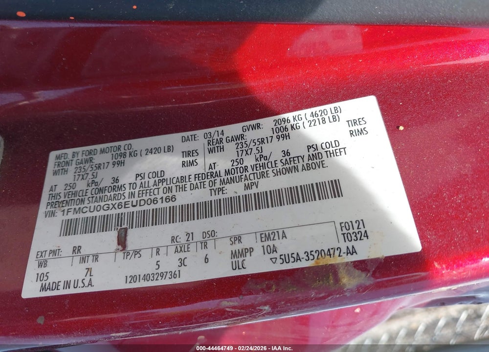 2014 FORD ESCAPE SE VIN: 1FMCU0GX6EUD06166