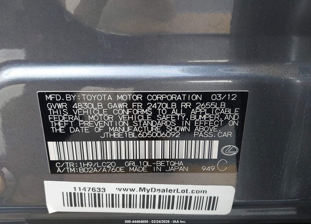 2013 LEXUS GS 350 VIN: JTHBE1BL6D5006092