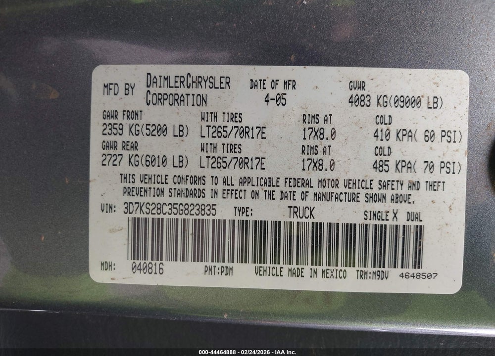 2005 DODGE RAM 2500 SLT/LARAMIE VIN: 3D7KS28C35G823835