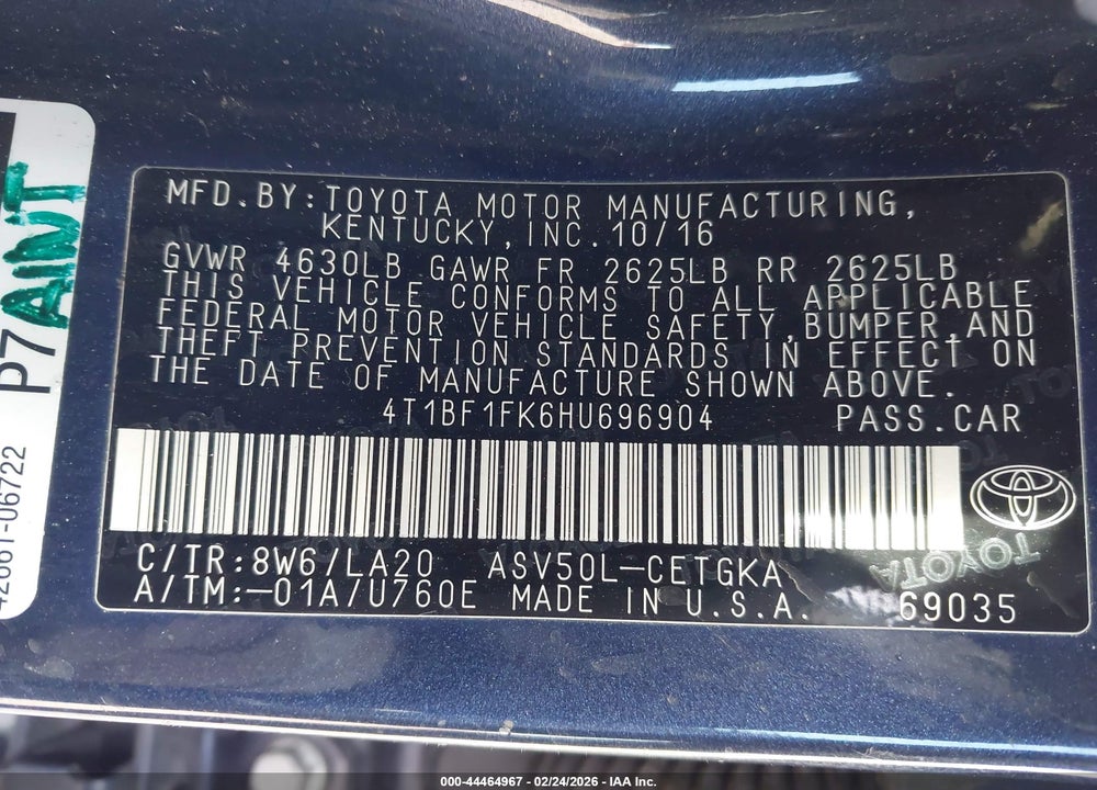 2017 TOYOTA CAMRY XLE VIN: 4T1BF1FK6HU696904