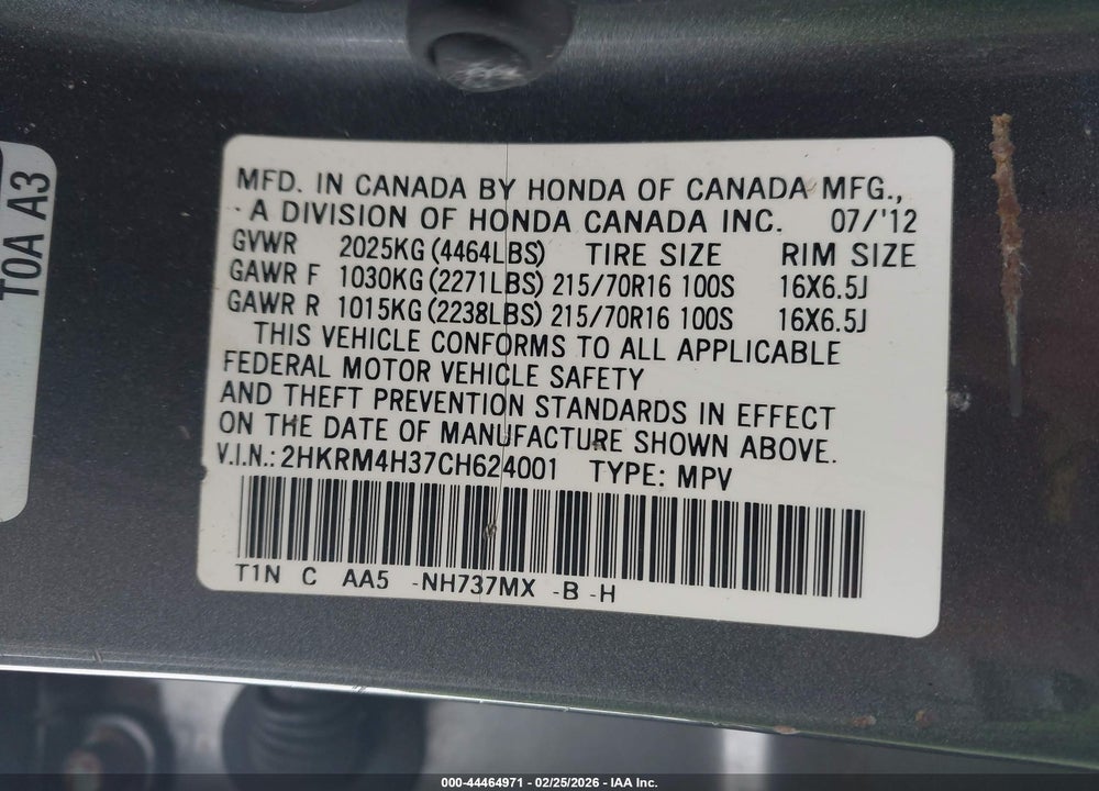 2012 HONDA CR-V LX VIN: 2HKRM4H37CH624001