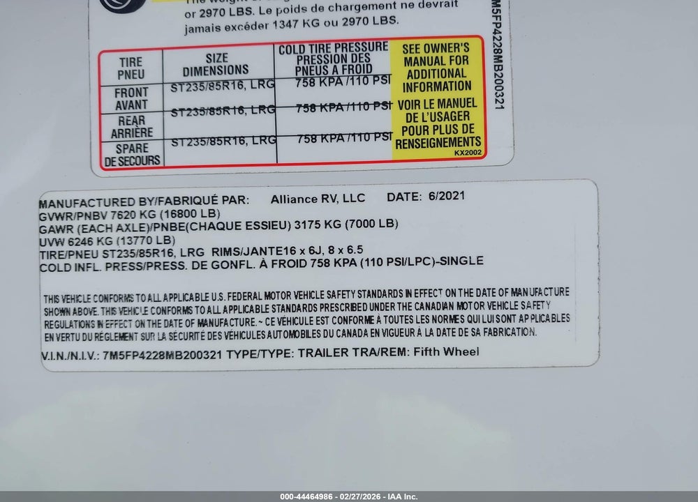2021 ALLIANCE PARADIGM VIN: 7M5FP4228MB200321