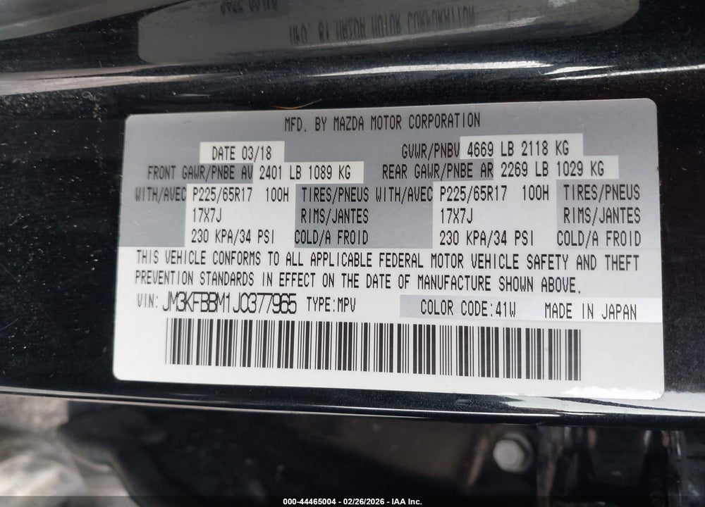 2018 MAZDA CX-5 SPORT VIN: JM3KFBBM1J0377965
