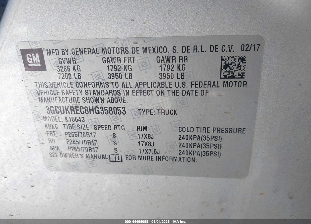 2017 CHEVROLET SILVERADO 1500 1LT VIN: 3GCUKREC8HG358053