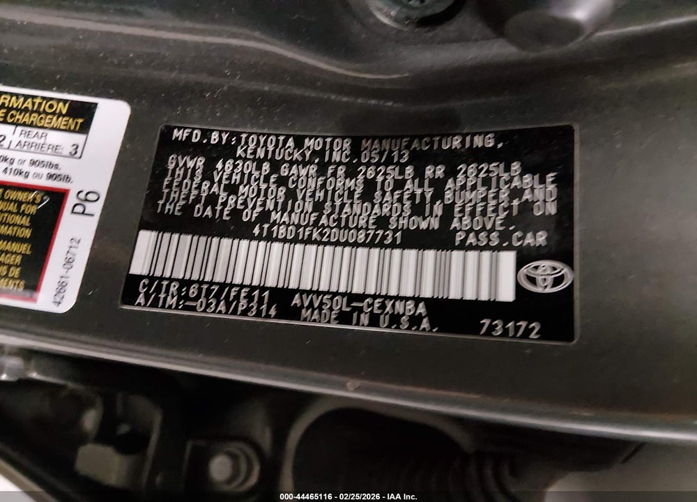 2013 TOYOTA CAMRY HYBRID LE VIN: 4T1BD1FK2DU087731