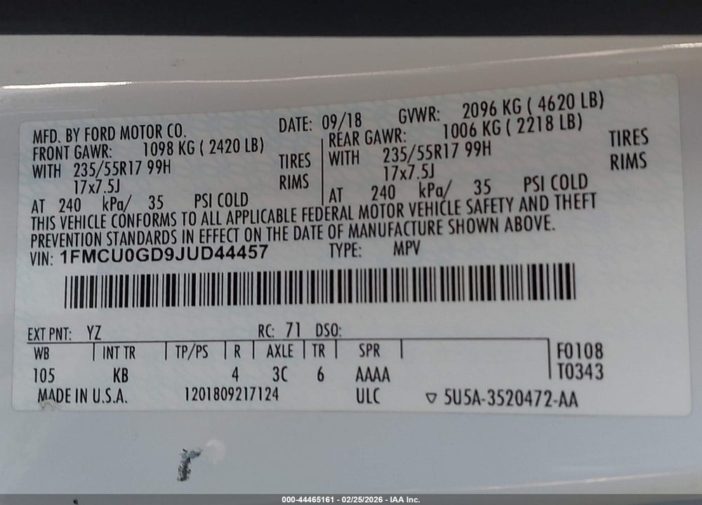 2018 FORD ESCAPE SE VIN: 1FMCU0GD9JUD44457