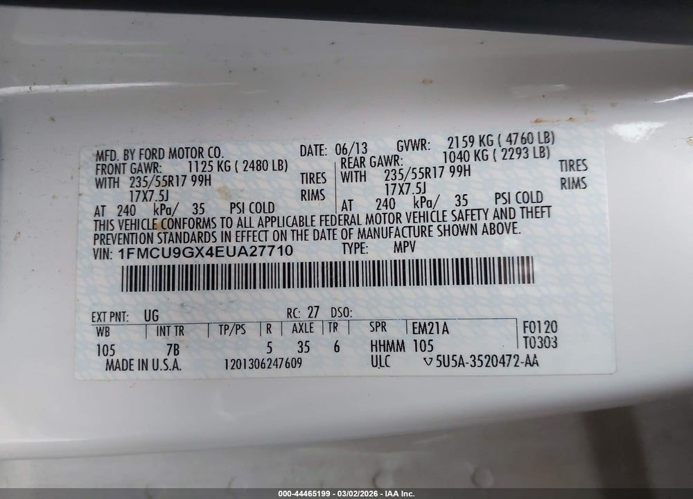 2014 FORD ESCAPE SE VIN: 1FMCU9GX4EUA27710