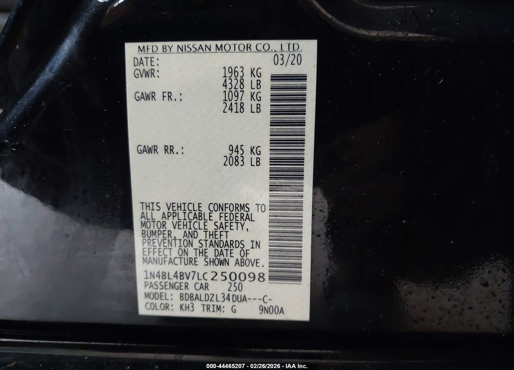 2020 NISSAN ALTIMA S FWD VIN: 1N4BL4BV7LC250098