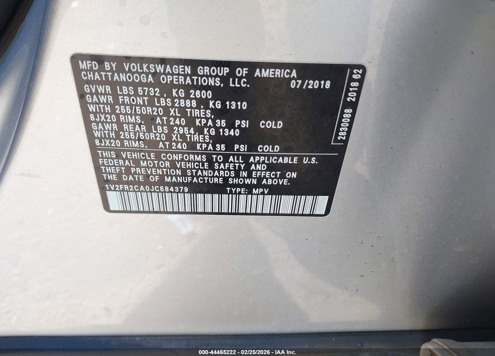 2018 VOLKSWAGEN ATLAS 3.6L V6 SE W/TECHNOLOGY VIN: 1V2FR2CA0JC584379