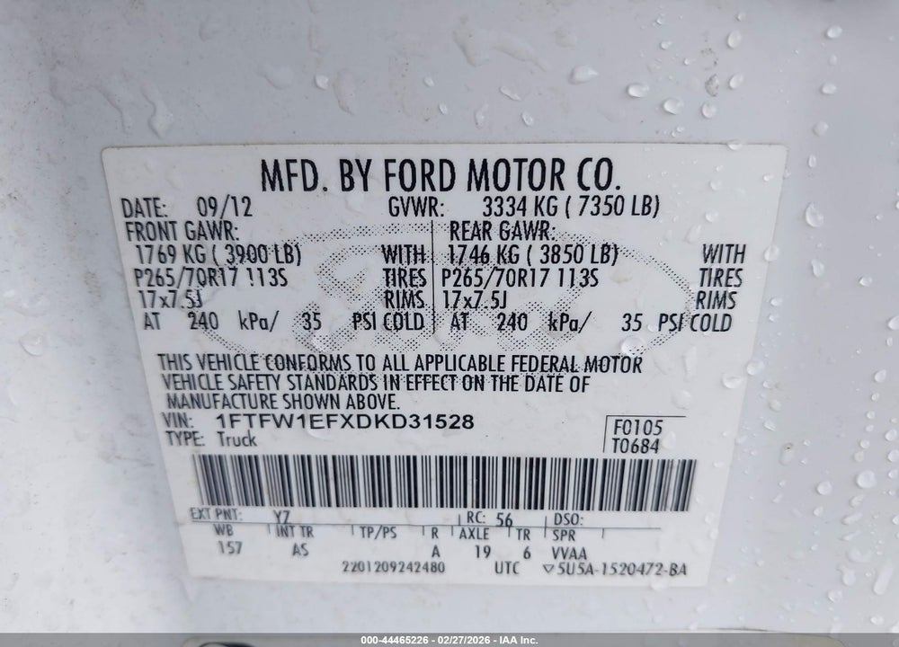 2013 FORD F-150 XL VIN: 1FTFW1EFXDKD31528