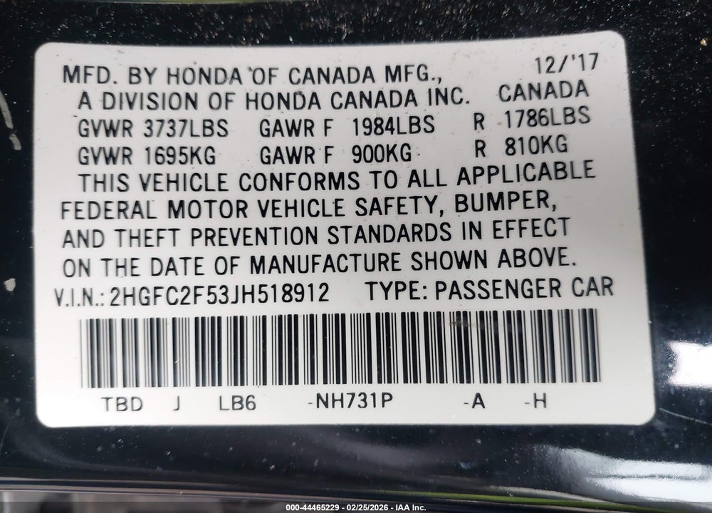 2018 HONDA CIVIC LX VIN: 2HGFC2F53JH518912