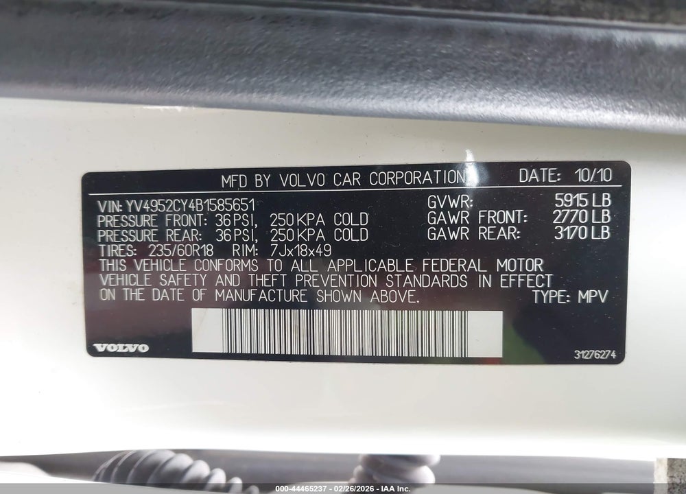 2011 VOLVO XC90 3.2 VIN: YV4952CY4B1585651