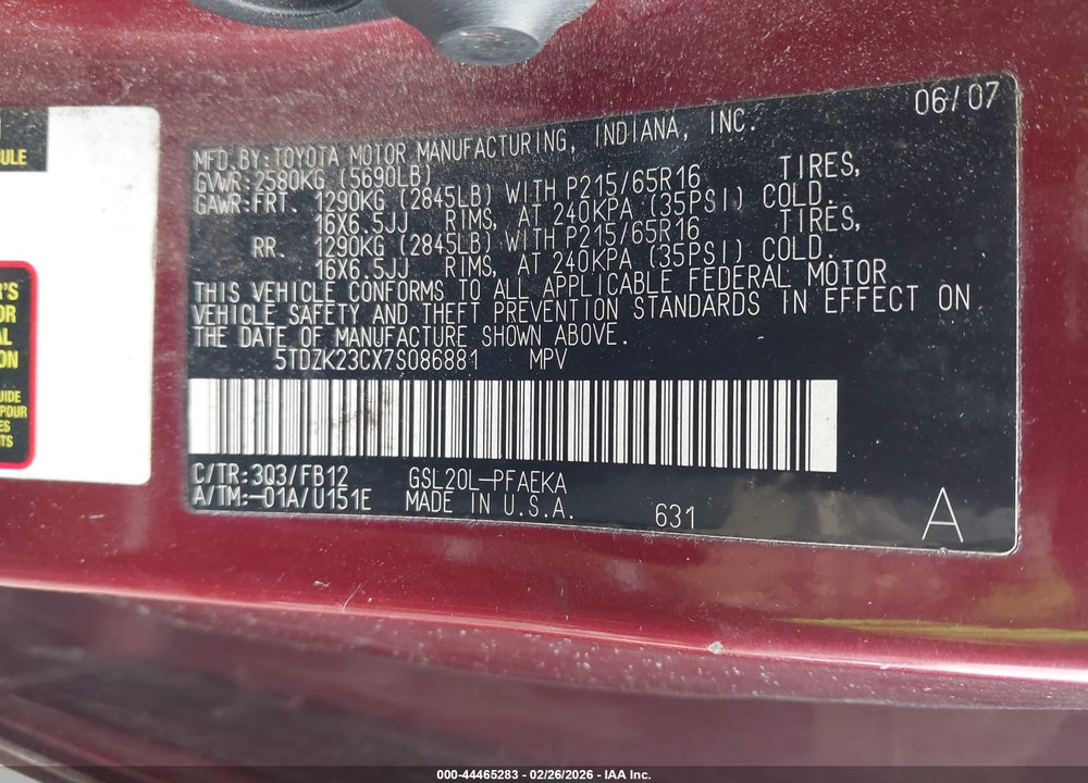 2007 TOYOTA SIENNA CE VIN: 5TDZK23CX7S086881