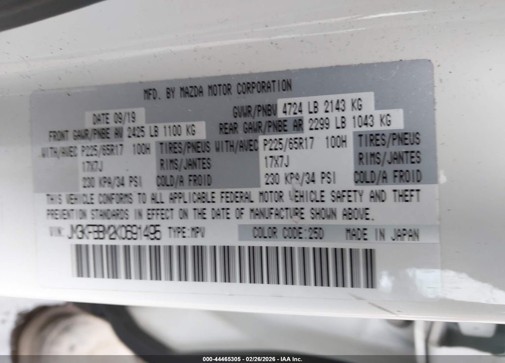 2019 MAZDA CX-5 SPORT VIN: JM3KFBBM2K0691495