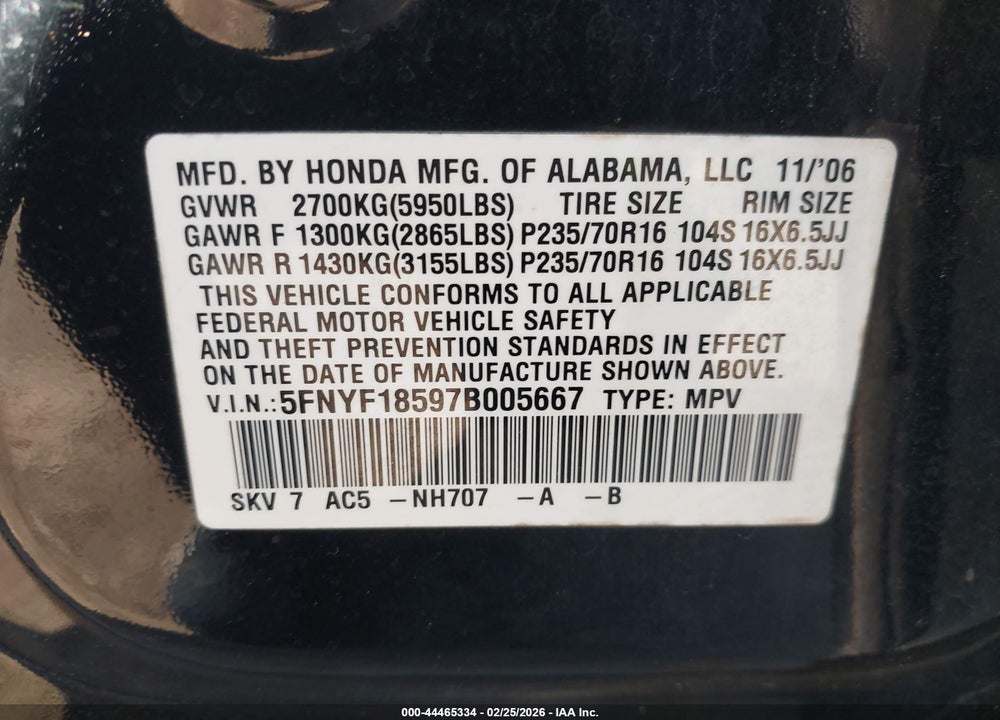 2007 HONDA PILOT EX-L VIN: 5FNYF18597B005667