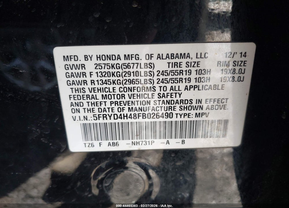 2015 ACURA MDX TECHNOLOGY PACKAGE VIN: 5FRYD4H48FB026490