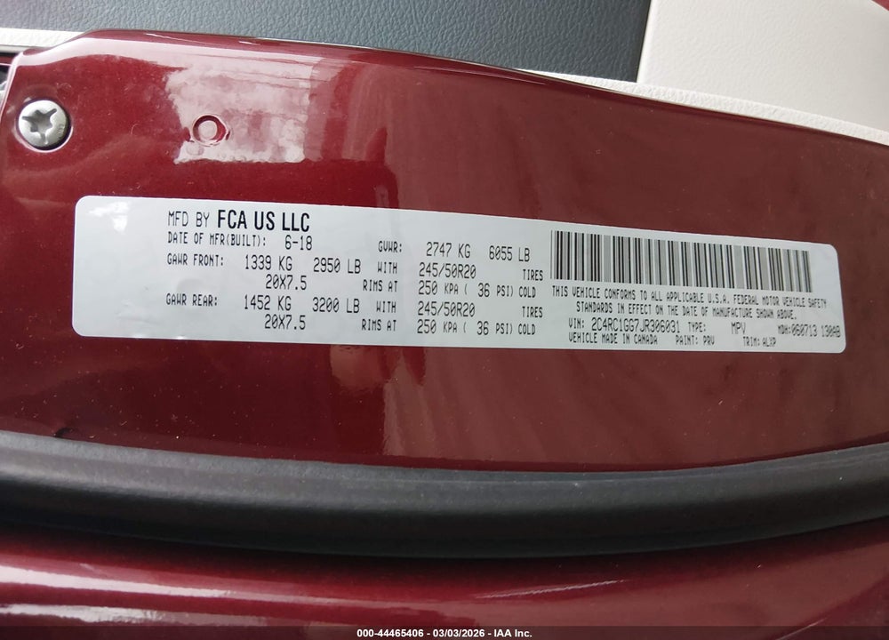 2018 CHRYSLER PACIFICA LIMITED VIN: 2C4RC1GG7JR306031