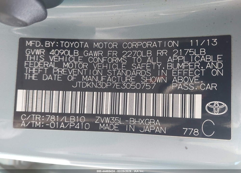 2014 TOYOTA PRIUS PLUG-IN ADVANCED VIN: JTDKN3DP7E3050757