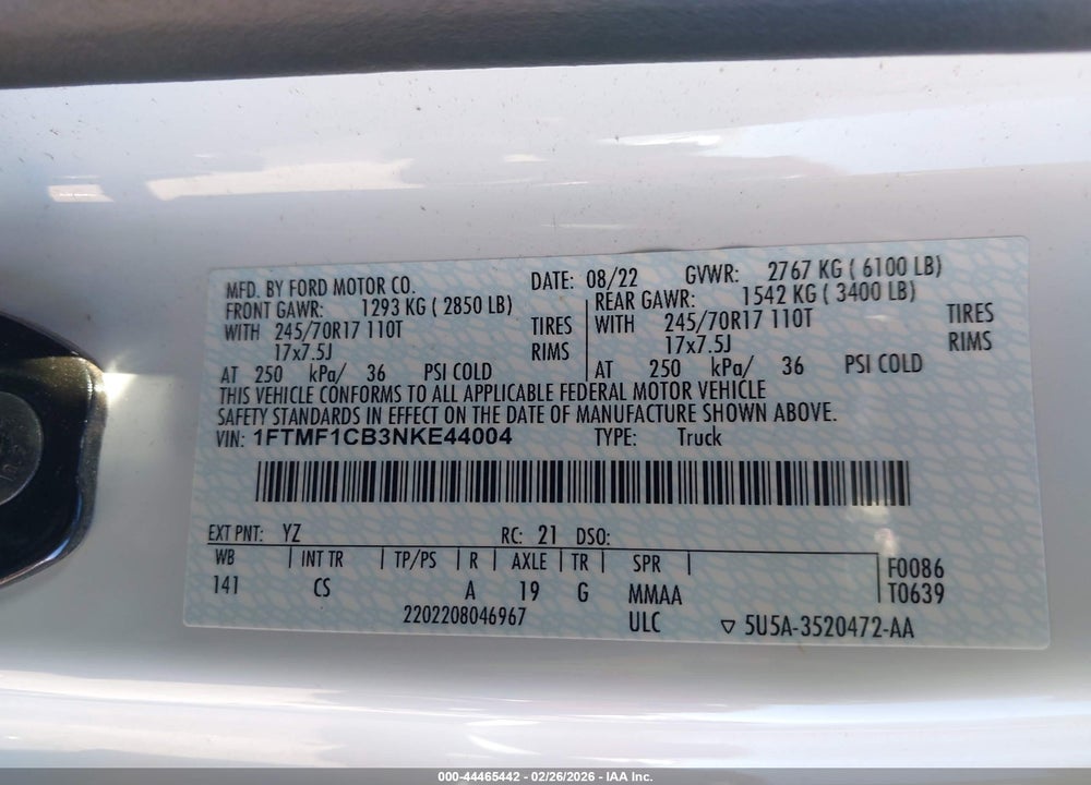 2022 FORD F-150 XL VIN: 1FTMF1CB3NKE44004