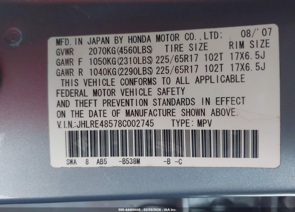 2008 HONDA CR-V EX VIN: JHLRE48578C002745