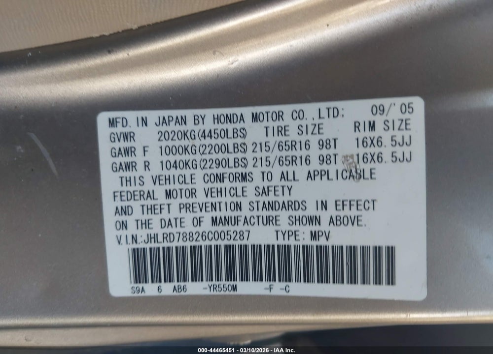 2006 HONDA CR-V EX VIN: JHLRD78826C005287