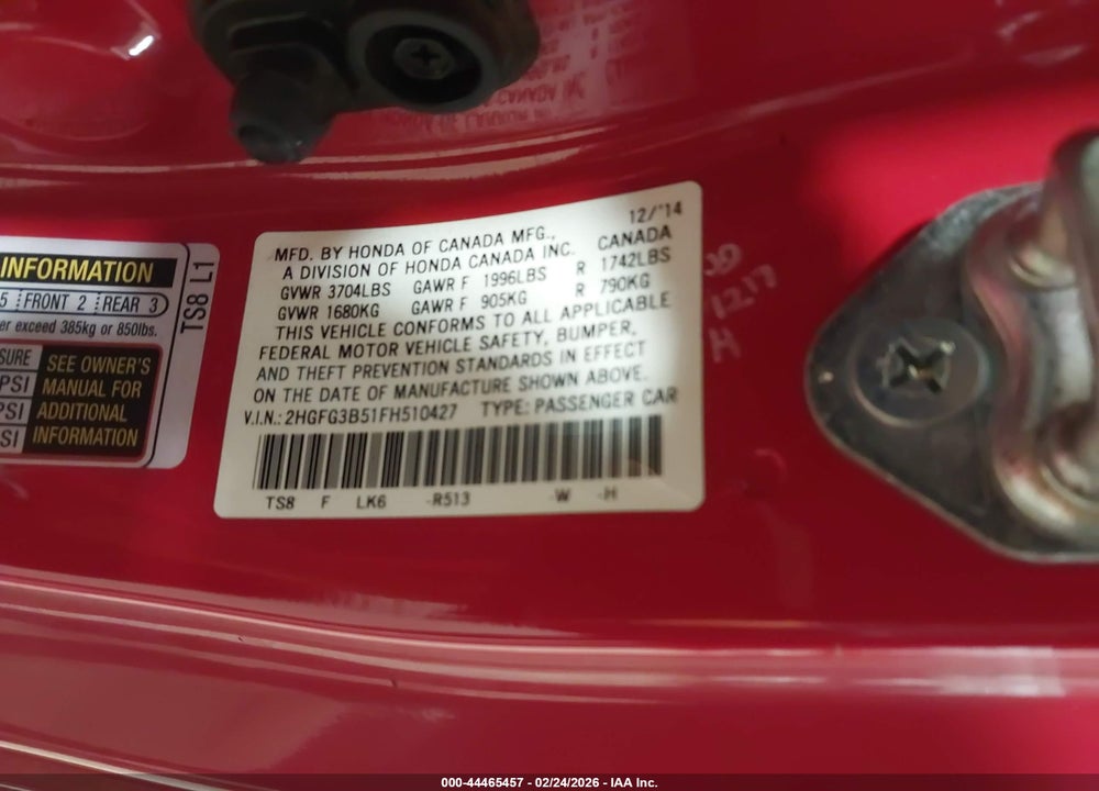 2015 HONDA CIVIC LX VIN: 2HGFG3B51FH510427