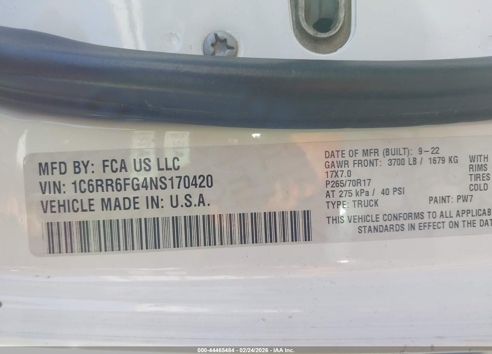 2022 RAM 1500 CLASSIC TRADESMAN  4X2 6'4 BOX VIN: 1C6RR6FG4NS170420