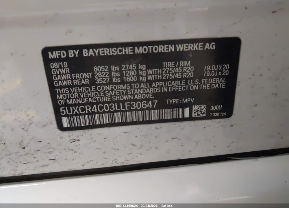 2020 BMW X5 SDRIVE40I VIN: 5UXCR4C03LLE30647