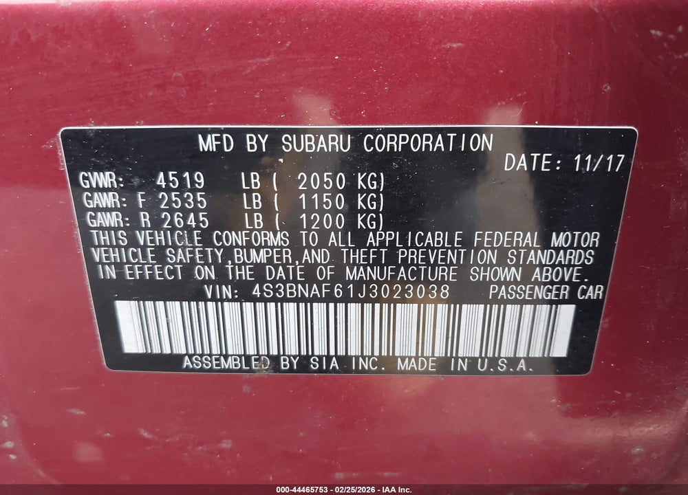 2018 SUBARU LEGACY 2.5I PREMIUM VIN: 4S3BNAF61J3023038