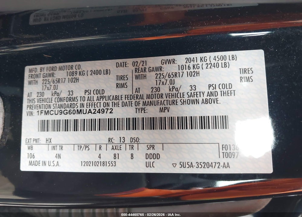 2021 FORD ESCAPE SE VIN: 1FMCU9G60MUA24972