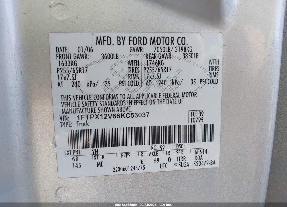 2006 FORD F-150 LARIAT/XL/XLT VIN: 1FTPX12V66KC53037