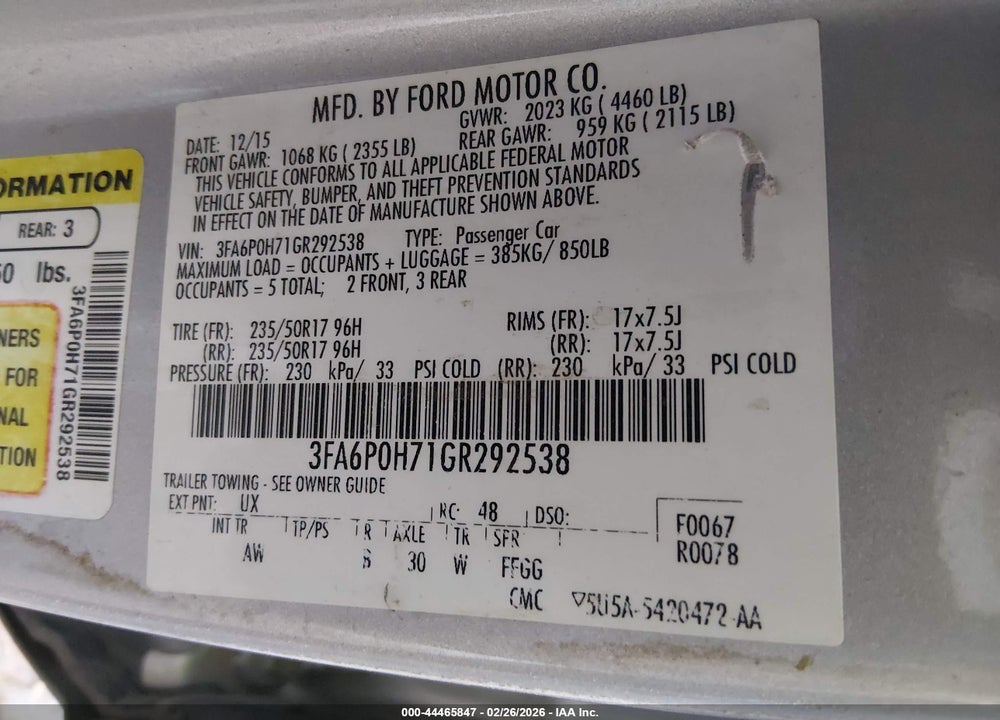2016 FORD FUSION SE VIN: 3FA6P0H71GR292538