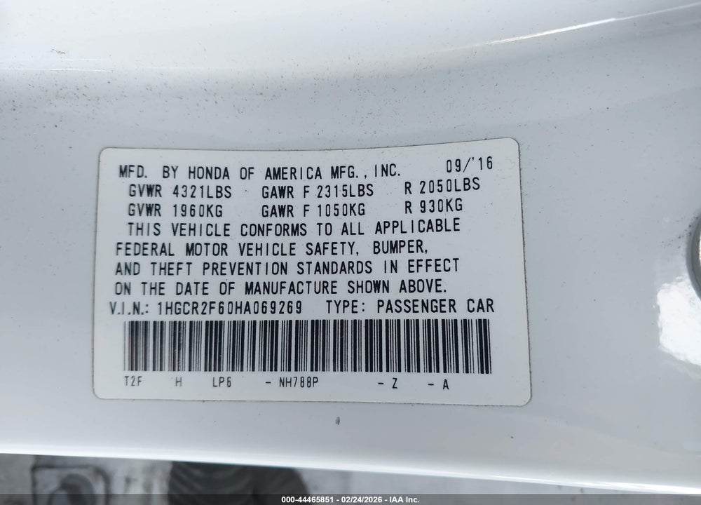 2017 HONDA ACCORD SPORT VIN: 1HGCR2F60HA069269