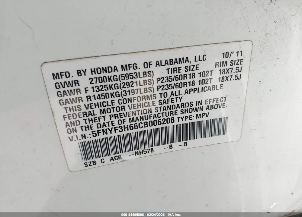 2012 HONDA PILOT EX-L VIN: 5FNYF3H66CB006208