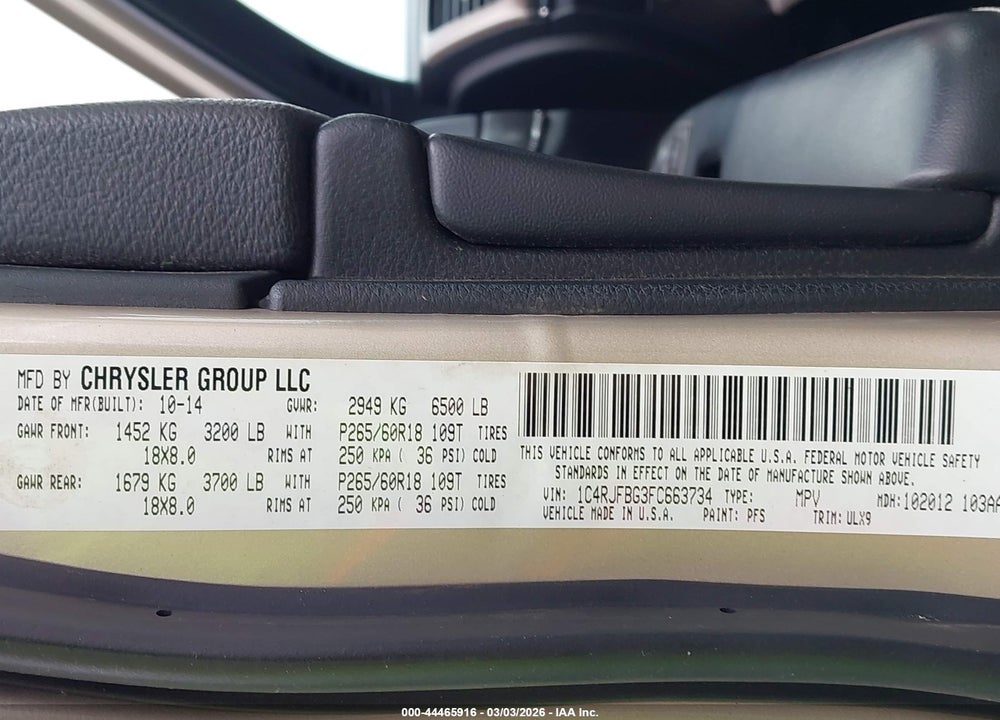 2015 JEEP GRAND CHEROKEE LIMITED VIN: 1C4RJFBG3FC663734