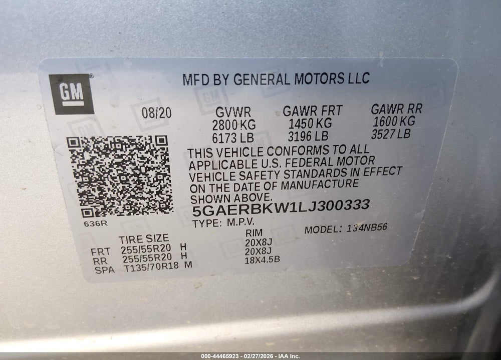 2020 BUICK ENCLAVE ESSENCE VIN: 5GAERBKW1LJ300333