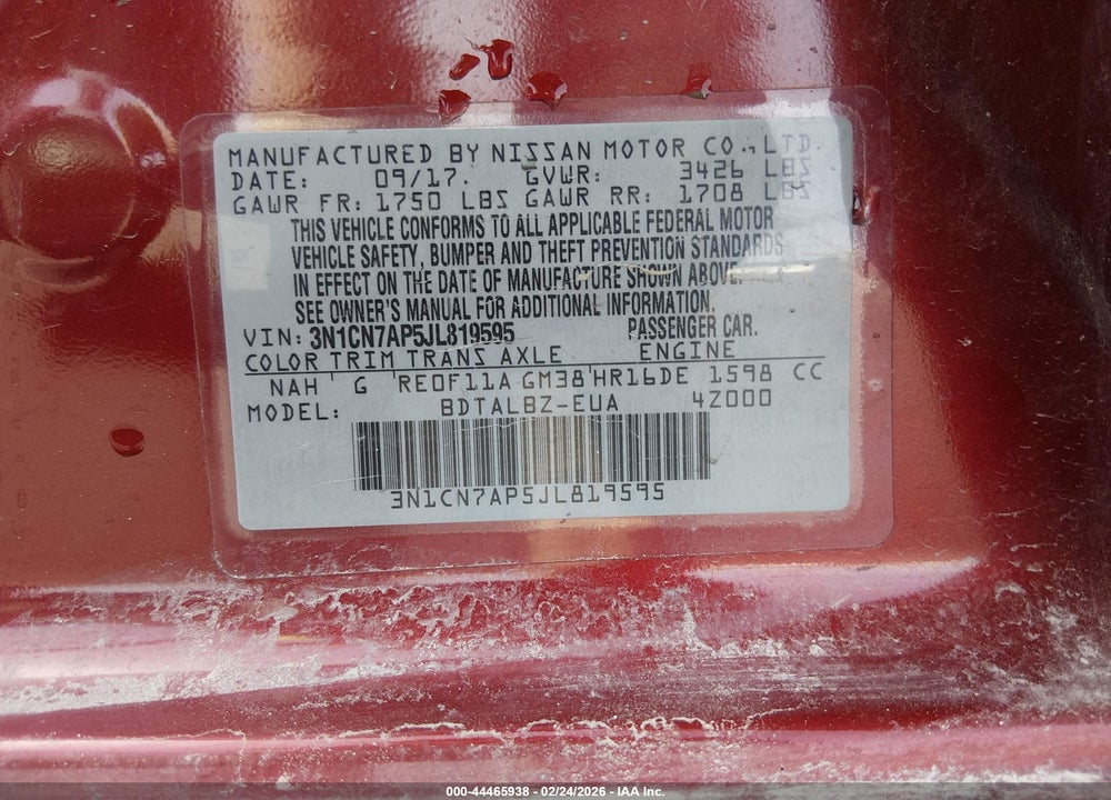 2018 NISSAN VERSA 1.6 SV VIN: 3N1CN7AP5JL819595