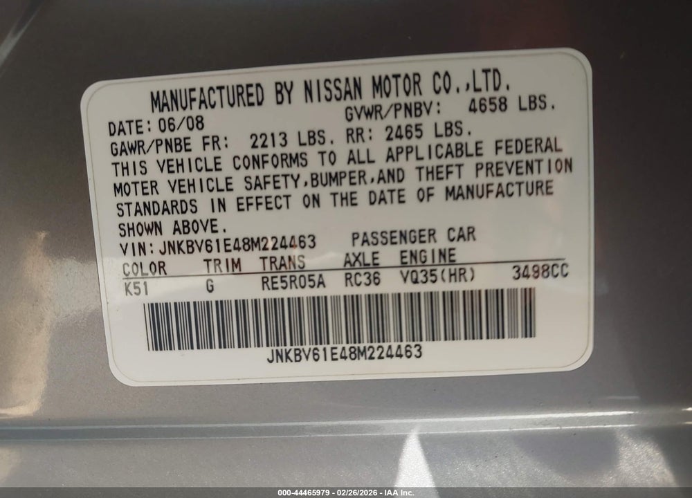2008 INFINITI G35 JOURNEY VIN: JNKBV61E48M224463
