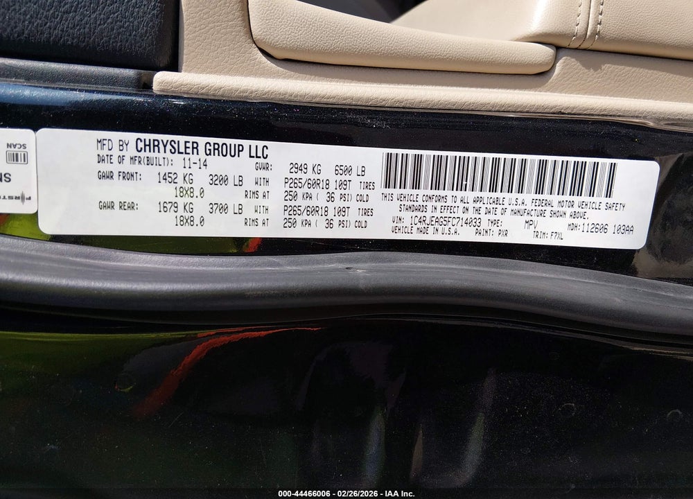 2015 JEEP GRAND CHEROKEE LAREDO VIN: 1C4RJEAG5FC714033