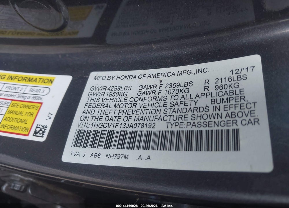 2018 HONDA ACCORD LX VIN: 1HGCV1F13JA078192