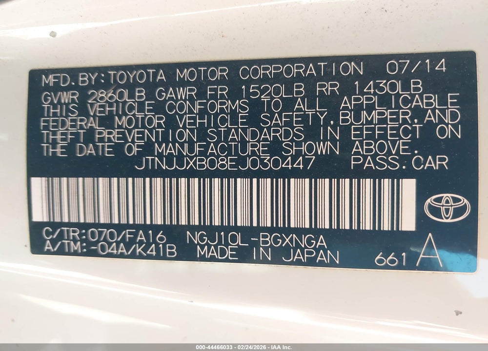 2014 SCION IQ VIN: JTNJJXB08EJ030447