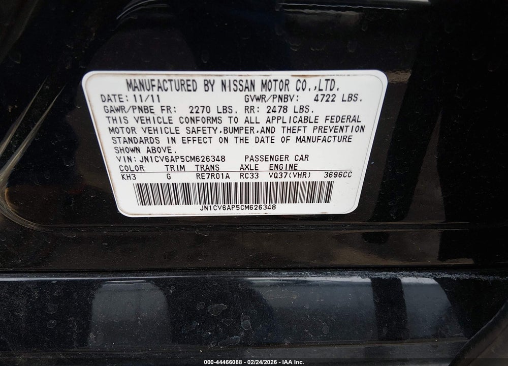 2012 INFINITI G37 JOURNEY VIN: JN1CV6AP5CM626348