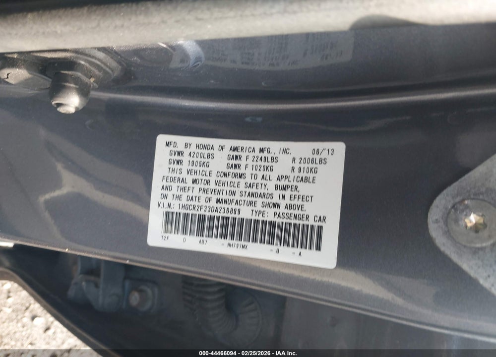 2013 HONDA ACCORD LX VIN: 1HGCR2F33DA236899