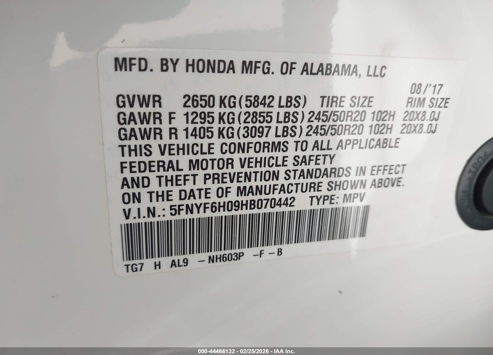2017 HONDA PILOT ELITE VIN: 5FNYF6H09HB070442