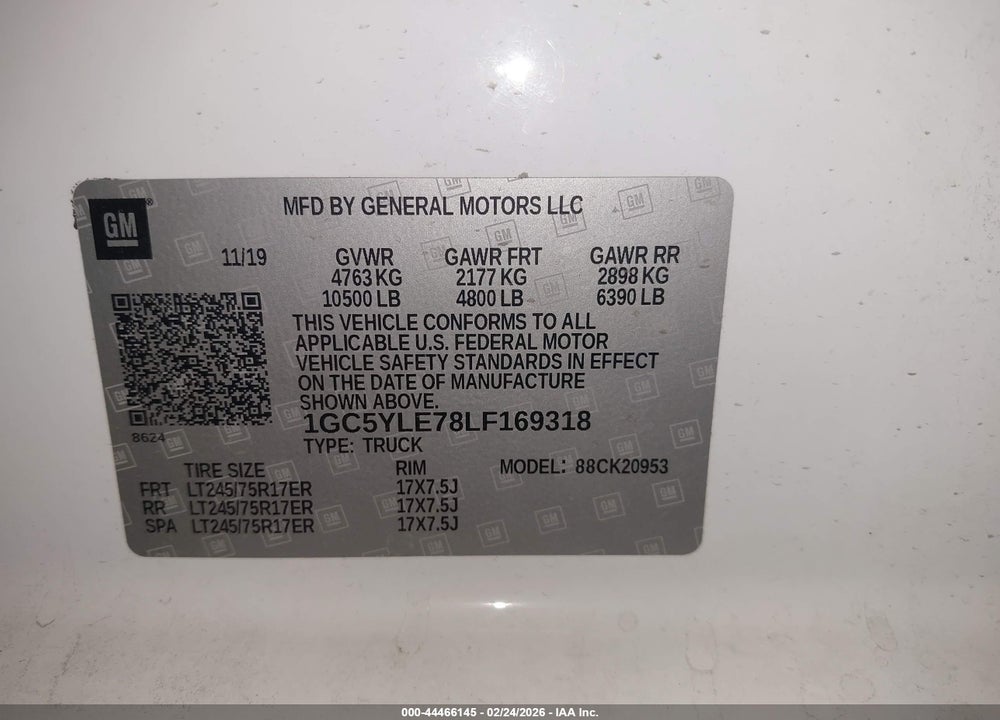 2020 CHEVROLET SILVERADO 2500HD 4WD  LONG BED WT VIN: 1GC5YLE78LF169318