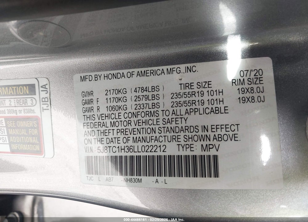 2020 ACURA RDX STANDARD VIN: 5J8TC1H36LL022212
