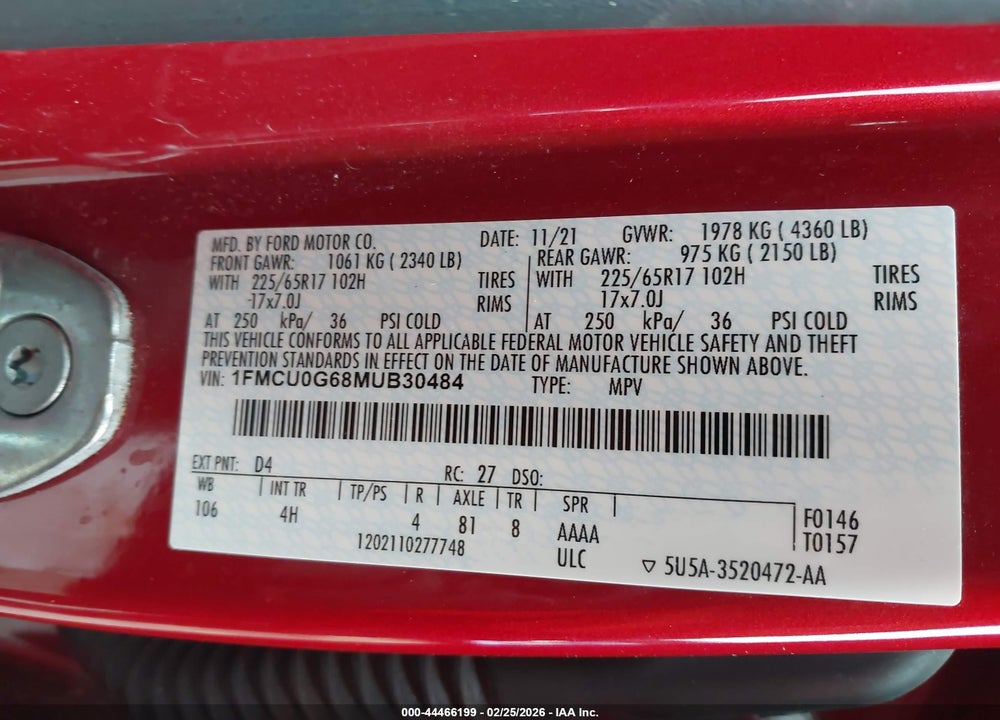 2021 FORD ESCAPE SE VIN: 1FMCU0G68MUB30484